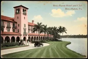 Hand-tinted postcard-style illustration of the Boca Raton Hotel and Club, Boca Raton, Florida, in the style of about 1930