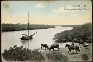 Hand-tinted postcard-style illustration of the mouth of the Caloosahatchee River, Cape Coral, Florida, in the style of about 1910