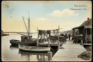 Hand-tinted postcard-style illustration of Clearwater Harbor, Clearwater, Florida, in the style of about 1910