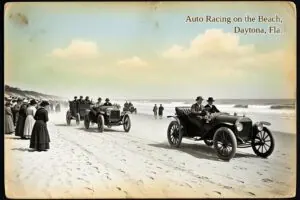 Hand-tinted postcard-style illustration of auto racing on the beach at Daytona, Daytona Beach, Florida, in the style of about 1910