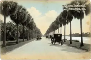 Hand-tinted postcard-style illustration of McGregor Boulevard, Fort Myers, Florida, in the style of about 1910