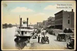 Hand-tinted postcard-style illustration of the Jacksonville waterfront, Jacksonville, Florida, in the style of about 1910