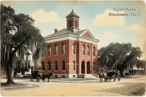 Hand-tinted postcard-style illustration of the Osceola County Courthouse, Kissimmee, Florida, in the style of about 1910