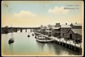 Hand-tinted postcard-style illustration of Crane Creek in Melbourne, Melbourne, Florida, in the style of about 1910