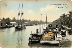 Hand-tinted postcard-style illustration of the Miami River, Miami, Florida, in the style of about 1910