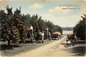 Hand-tinted postcard-style illustration of an orange grove near Orlando, Orlando, Florida, in the style of about 1910