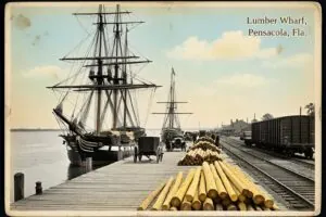 Hand-tinted postcard-style illustration of a lumber wharf in Pensacola, Pensacola, Florida, in the style of about 1910