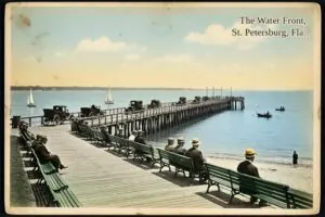Hand-tinted postcard-style illustration of the St. Petersburg waterfront, St. Petersburg, Florida, in the style of about 1910