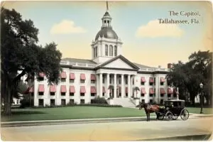 Hand-tinted postcard-style illustration of the Florida Capitol, Tallahassee, Florida, in the style of about 1910