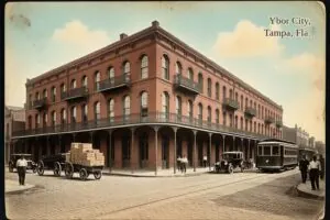 Hand-tinted postcard-style illustration of Ybor City, Tampa, Florida, in the style of about 1910