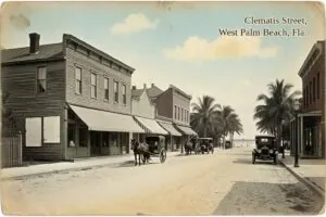 Hand-tinted postcard-style illustration of Clematis Street, West Palm Beach, Florida, in the style of about 1910